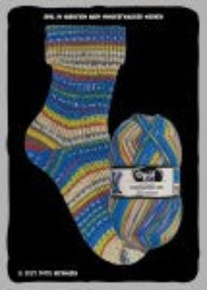 A ball of multicolored yarn with a label, placed on a dark background. The label includes text likely indicating the brand and type of yarn.